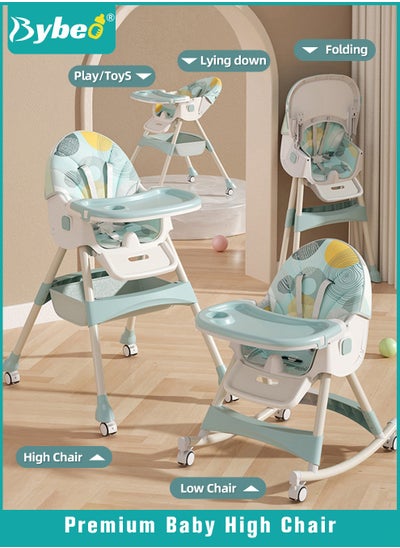 Buy Baby High Chair for Toddlers, Foldable Children Highchairs, Kids Dining Chair, Infant Feeding Booster Seat, Babies Rocker with Footrest, Backrest, 4 Wheels and Removable Tray in UAE