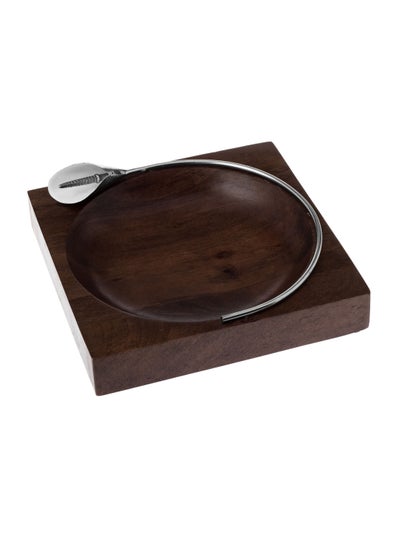 Buy Beech wood square serving dish with rose silver metal decor for multiple uses in Saudi Arabia