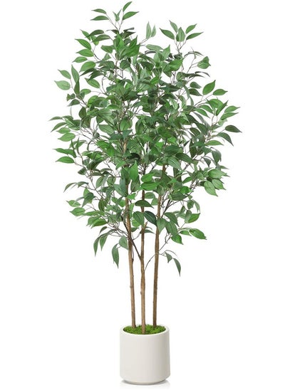 Buy Ficus Artificial Tree 5ft Tall Fake Ficus Tree for Home Decor Indoor Faux Silk Ficus Plant Fake Floor Plant in White Imitation Ceramic Planter with Green Fake Moss, Set of 1 in Saudi Arabia