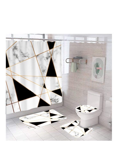 Buy Geometric Marble Shower Curtain Set 4Pcs White and Black Grid Curtain Shower Set Gold Stripe Waterproof Bathroom Curtain Standard Size with Non-Slip Rugs, Toilet Lid Cover and Bath Mat with Hook Geome in UAE