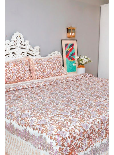 Buy Super King Size Multicolored Sheet (with 250 TC) With Handblock Printed Organic Colors on 100 Percent Premium Organic Cotton and Pillow Covers in UAE