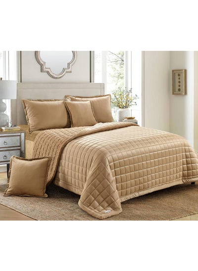 Buy 6 Pieces Sherpa Fleece Reversible Winter Comforter Set King Size 220x240 Cm Bedding Set Dual Side Square Stitched Pattern Light Brown in Saudi Arabia