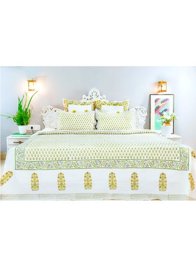 Buy King Size White And Yellow Organic Colored Hand Stamped on Premium Cotton Flat Sheet (with 250 TC) and Pillow Covers in UAE