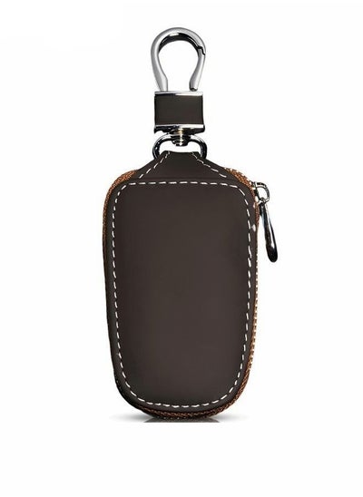 Buy Genuine Leather Car Key Holder Bag Key Case Wallet Zipper Closure Holder Metal Hook Auto Key Fob Holder Smart Protector General Cover(Brown) in Saudi Arabia