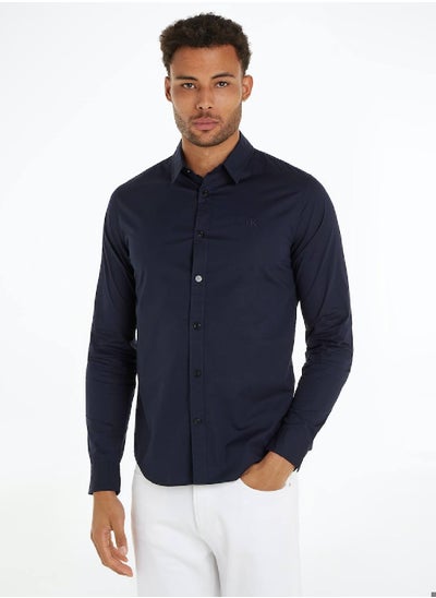 Buy Men's Slim Stretch Long Sleeve Shirt - Cotton, Blue in Saudi Arabia