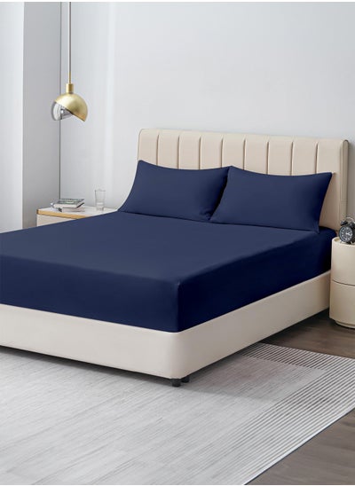 Buy Double Plain Fitted Sheet with 2 Pillow Case 160 x 200 Cm Navy Blue in UAE