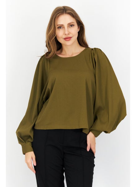 اشتري Women Bateau Neck Long Sleeves Solid Top, Olive في الامارات