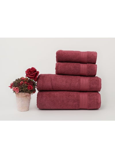 Buy 4 Piece Bathroom Towel Set -HARMONY - 650 GSM - 100% Cotton Terry - 2 Bath Towel 70X140 cm & 2 Hand Towel 50x90 cm-Premium Touch-Quick Dry - Super Absorbent-Light Maroon in UAE