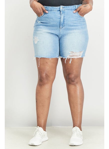 Buy Women Plus Size High Waist Ripped Denim Shorts, Blue in Saudi Arabia