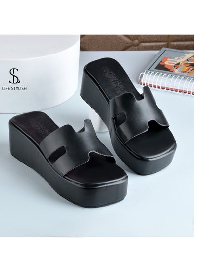 Buy S-10 Comfortable Heel Leather Slipper For Women - Black in Egypt
