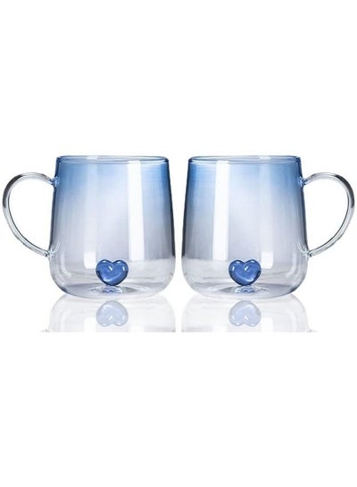 Buy 2-Piece Heart Design Inner Drinking Glasses Mug Cup,400ML Couples Cup Coffee Cup,Blue in UAE