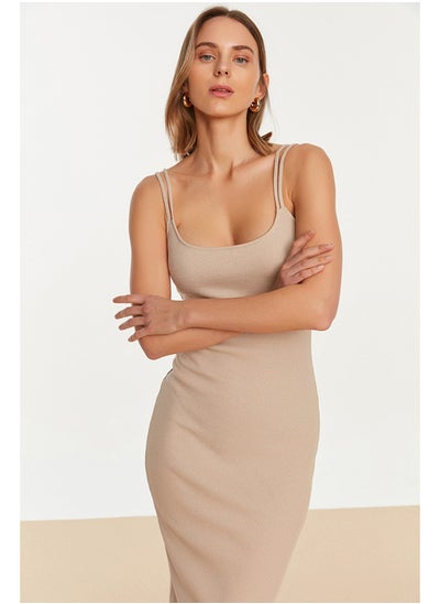 Buy Camel Pool Collar Double String Strap Body Fitted Ribbed Flexible Midi Knitted Pencil Dress TWOSS22EL2452 in Egypt