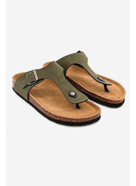 Buy Men Slip On Synthetic Leather Cork Sandals, Green/Khaki in Saudi Arabia