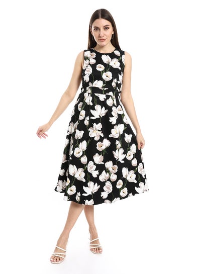 Buy Floral Print Sleeveless Midi Dress With Elastic Waist Cut in Egypt