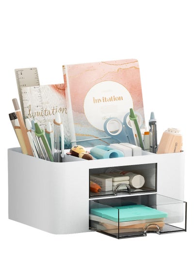 Buy Desk Organizer with Drawer, Multi-Functional Pen Pencil Holder Storage Box for Desk, Desk Organizers and Accessories with 5 Compartments + 2 Drawer for Office Art Supplies in UAE