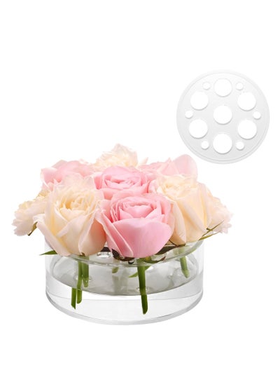 اشتري Acrylic Flower Vase 5.9 in Dia. Circular Leak-Proof Clear Acrylic Low Vase with 7+6 Holes - Low-Profile Cylinder Floral Centerpiece for Table - Clear في الامارات