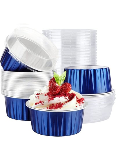 Buy Mini Aluminum Pans with Lids, 50 Pack 5oz Disposable Foil Cupcake Liners Ramekin Baking Cups, Dessert Cups with Lids Foil Cupcake Topper Cheesecake Pan Dessert Containers (Blue) in UAE