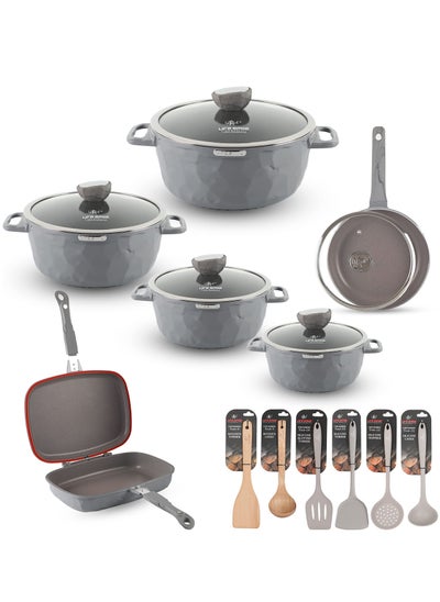 Buy 18Pcs Granite Coated Healthy Cookware Set - Die Cast Aluminum Cooking Casserrole Set Inclued Sauce & Stock Pots, French Frying Pan, Double Grill Pan - Nylon and Wooden Tools - PFOA & PTFE Free in UAE