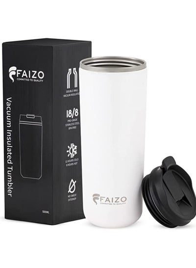 Buy Coffee Mug Tumbler 500ml  With Lid - Stainless Steel Insulated Double Wall Vacuum Thermal Coffee Cup - Hot and Cold Powder Coated Travel Mug - Simple Modern Tumbler-Ideal Gifts (White) in UAE
