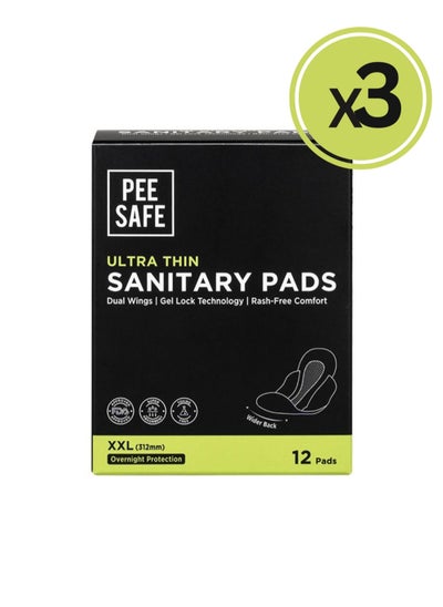 Buy PeeSafe Ultra-Thin Sanitary Pads with Wings, Super Absorbent & Leak-Proof, Unscented, Rash and Toxin Free, Overnight Protection, Extra Long XXL – 12 pads - Pack Of 3 in Saudi Arabia