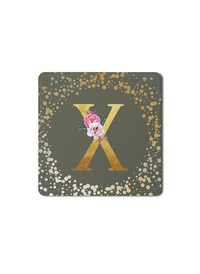 Buy Designer Leather Coasters Mat for Beverage Drinks- Custom Monogram Initial Letter Floral Pattern Alphabet - X (Olive Green) in UAE