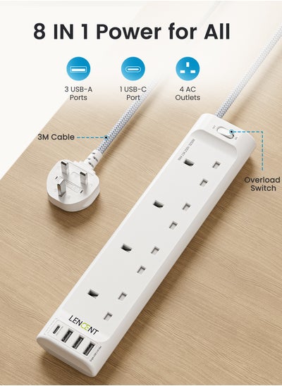 Buy Power Strips Extension Cord 3 Outlets Power Socket with 3 USB-A & 1 USB-C Ports, Electrical Connections with 3M Braided Extension Cord for Home Office, 3250W 13A in Saudi Arabia