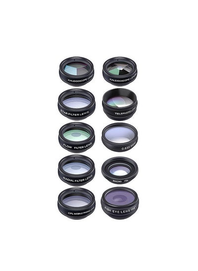 Buy 10 in 1 Phone Camera Lens Kit with 0.63X Wide Angle + 15X Macro + 198°Fisheye + 2X Telephoto + CPL + Star Filter + Radial Filter + Flow Filter + Kaleidoscope 3 + Kaleidoscope 6 Compatible in UAE