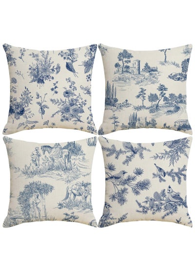 Buy Toile Throw Pillow Covers 18x18 inch Set of 4 French Country Pillow Cases Vintage Blue Chinoiserie Decorative Cushion Covers for Sofa Living Room in Saudi Arabia