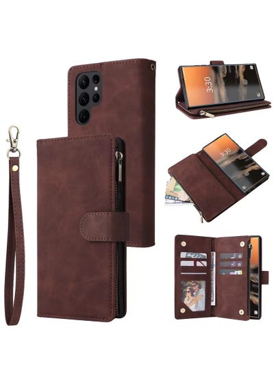 اشتري Compatible with Samsung Galaxy S23 Ultra 5G 6.8 inch Wallet Case, Premium PU Leather Zipper Folio RFID Blocking with Card Slot Wrist Strap Magnetic Closure Built-in Kickstand Protective Case (Coffee) في السعودية