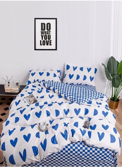 اشتري Bedding Set Without Filler Hearts And Checkered Design Blue And White Color Single Size Set Includes 1 Duvet Cover - 160*210Cm, 1 Fitted Sheet - 100*200+30Cm, 2 Pillow Cases - 50*75Cm. في الامارات