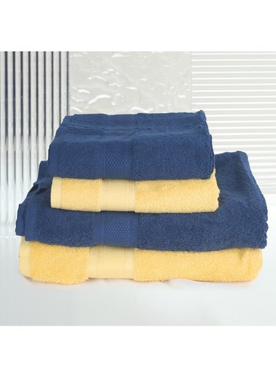 Buy 4 Piece Bathroom Towel Set NEW GENERATION 450 GSM 100% Cotton Terry 2 Bath Towel 70X140 cm & 2 Hand Towel 50x90 cm Blue & Yellow Color Soft Feel Super Absorbent in UAE