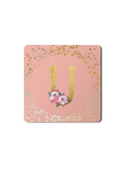 اشتري Designer Leather Coasters Mat for Beverage Drinks- Custom Monogram Initial Letter Floral Pattern Alphabet - U (Rose Pink) في الامارات