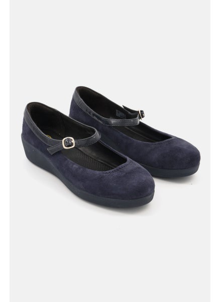 Buy Women Suede Adjustable Buckle Closure Flat Shoes, Navy Blue in Saudi Arabia