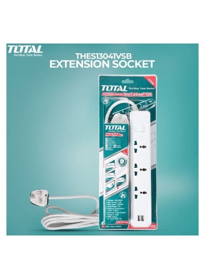 Buy T0TAL THES13041VSB Power Extension Socket Plug Max 3250W Thermal Circuit Breaker 2xUSB Out 1.05Amp 3 Meter Cable X 1.25mm 13A 220-250V in Saudi Arabia
