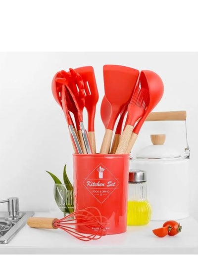 Buy Silicone Kitchen Distribution Set with Wooden Handle, 11 Pieces with Holder (Red) in Egypt