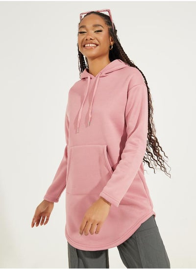 Buy Curved Hem Longline Hoodie with Kangaroo Pocket in Saudi Arabia