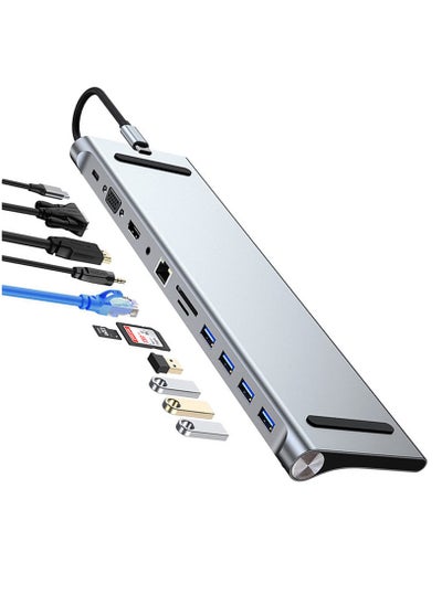 Buy 11 in 1 USB C docking station, USB Type C to 4K 30Hz HDMI+VGA,SD/TF card reader,RJ45,4 USB3.0,adapter for MacBook, Mac Pro, Mac Mini, iMac, Silver in Saudi Arabia