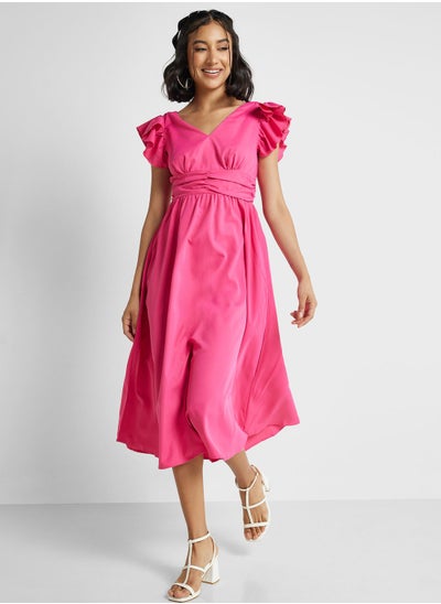 Buy Ruffle Sleeve A Line Midi Dress in UAE