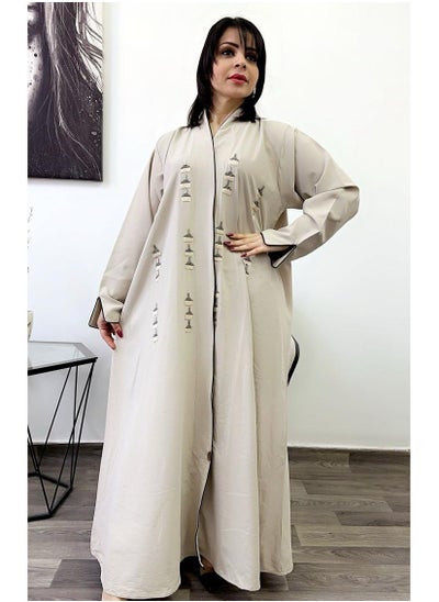 Buy Abaya Hand Embroidered Design with Full Front Work High-Neck Cream in Saudi Arabia