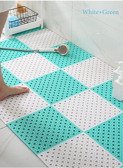 Buy 12 Pcs Upgraded Interlocking Rubber Floor Tiles with Suction Cup Drain Holes,Bathroom Shower Toilet Non-Slip Floor Tiles Mat Massage Soft Cushion Floor Tiles for Indoor/Outdoor(White+Green) in Saudi Arabia