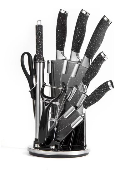 اشتري Cuisine Art 9-Piece Professional Kitchen Knife Set with Revolving Stand – Includes Chef, Cleaver, Slicing, Utility, Fruit Knives, Scissors, Sharpening Rod and Potato Peeler - Black في الامارات