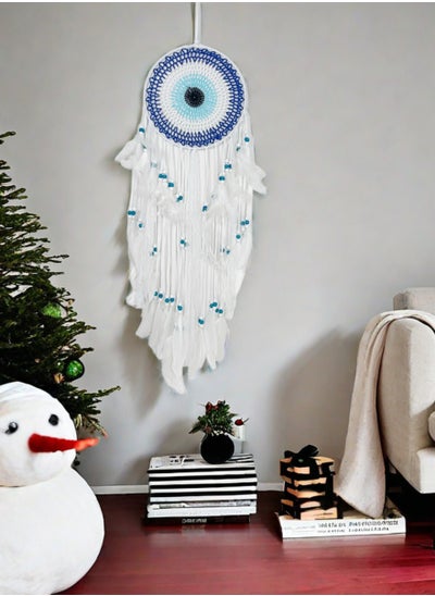 Buy Blue White Wooden Beads Feather Tassel Handwoven Dream Catcher For Decoration in Saudi Arabia