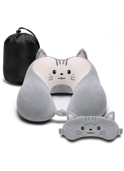 Buy Travel Pillow for Kids and Adults, Cute Animal Memory Foam Neck Pillow with Soft Fleece Cover and Eye Mask Set, Airplane Pillow Travel Kit with Drawstring Organizer Bag, Machine Washable (Kitten) in Saudi Arabia