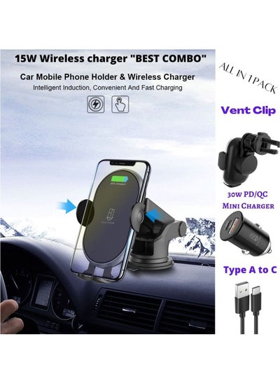 Buy 5 in 1Latest 15W Auto Wireless Car Charger Phone Holder Fast Qi Automatic Clamping Charging Mount Dock, charging cable, 30W mini charger Compatible with iPhone, Samsung, and all Android devices. in UAE