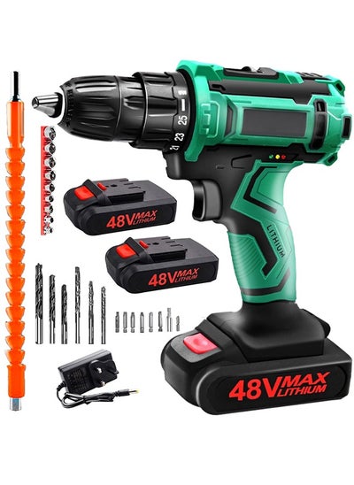 Buy 48V Cordless Drill Set, Electric Drill with 2 Batteries and Charger, Electric Screwdriver Power Drill Drivers with 2 Speed, 25+1Torque Setting, Built-in LED Light,Storage Case Included，Green in Saudi Arabia