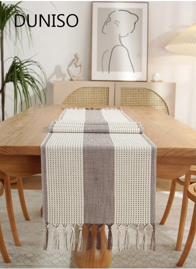 Buy Farmhouse Table Runner Linen Handmade Rustic Table Runner With Tassels For Holiday Party Dining Room Kitchen Decor 33*180cm in UAE