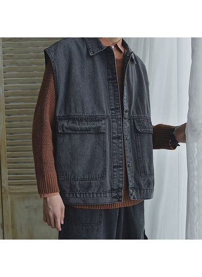 Buy Denim vest mens summer early autumn ins trendy vest workwear sleeveless T-shirt waistcoat loose Hong Kong style coatBlack Black in UAE