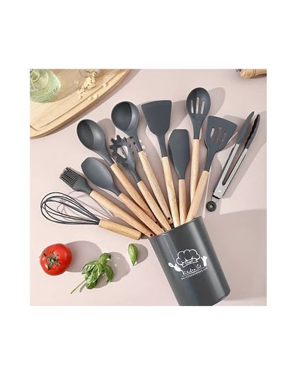 Buy 12 pcs Silicone Cooking Nonstick Utensils, Wooden Utensils Tool for Cookware, Non Toxic Turner Tongs Spatula Spoon Set with holder, Cooking Utensils Set with Bamboo Wood Handles Colours Gray in UAE