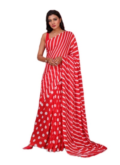 Buy Georgette Red Saree With Half Polka And Half Stripes Design Plus Unstitched Blouse in UAE