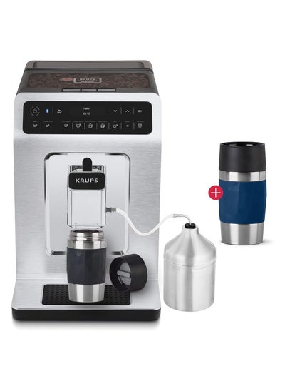 اشتري Krups Evidence EA894T Plus Fully Automatic Coffee Machine 15 Bar 1450 W Milk Foam System Automatic Cleaning 2-cup Function Stainless Steel OLED Display With Emsa Travel Mug Compact Dark Blue Bundle في الامارات